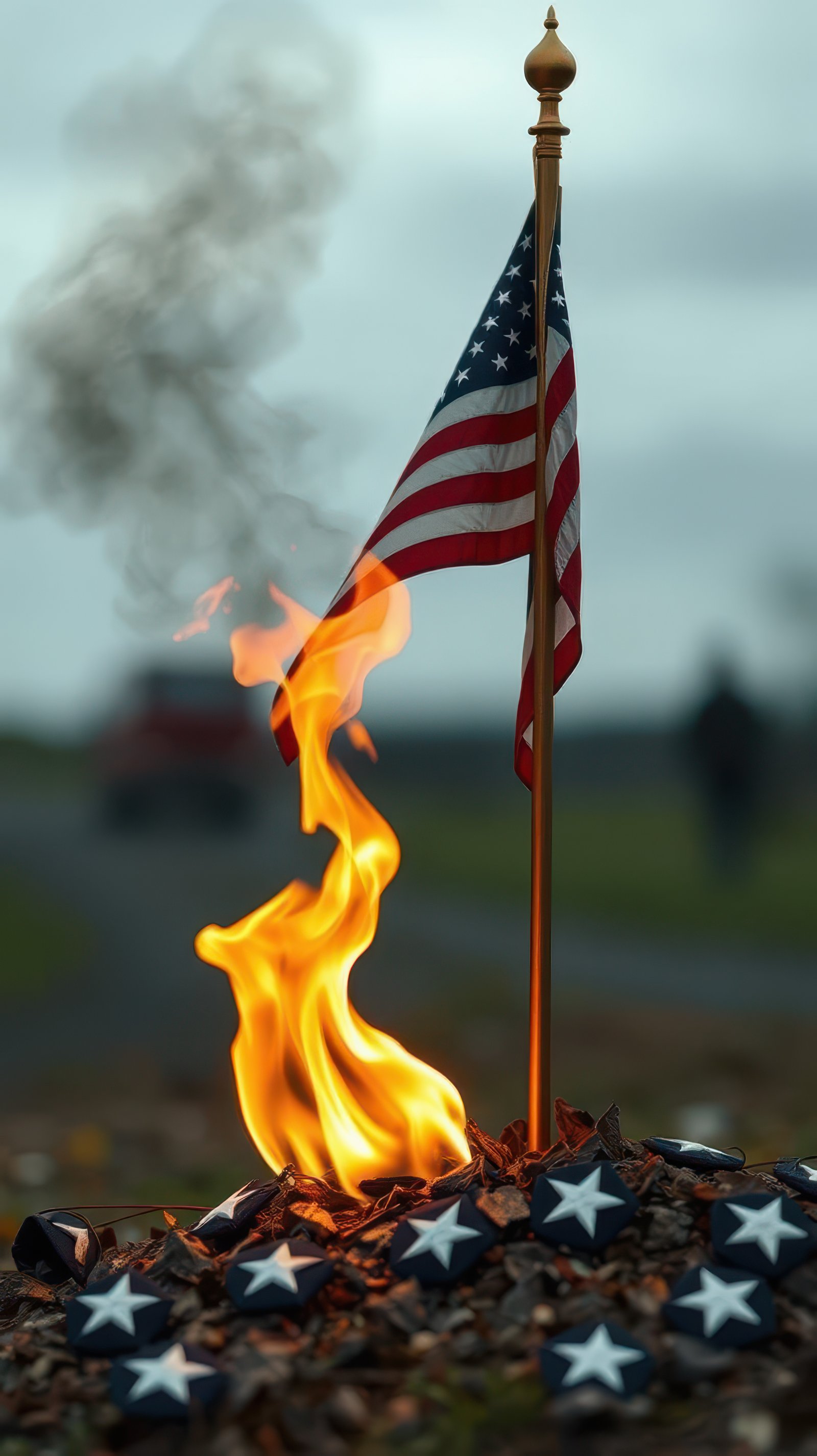 Flames dance around a U.S. flag on a somber day amidst a blurred gathering in the background